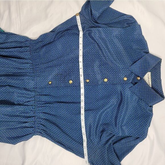 VINTAGE 80s dress blue‎ pleated paisley button up midi L - Picture 7 of 9